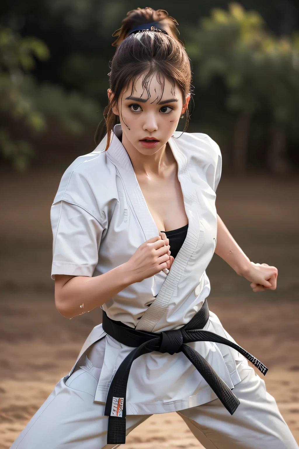 (((Karate clothes)))、fullbody,(karate uniform:1.5),martial arts belt,(fighting stance:1.3),((Ponytail with bangs))、(Female Karateka)、shiny skin、((Turn your face away))、((look sideways))、face is flushed、(Watery eye)、(((Karate Dojo)))、((delicate pictureasterpiece detailed RAW photos:1.25), (highest quality:1.6), (Super high resolution:1.5), (realistic:1.75), 8K resolution, Canon EOS R5, 50mm, absurd, super detailed,cinematic lighting,Sportsbra,cleavage,