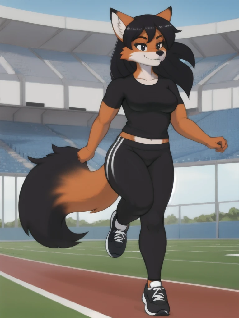 Furry, fox, female, black shirt, black leggings, shoes, running track, solo, full body