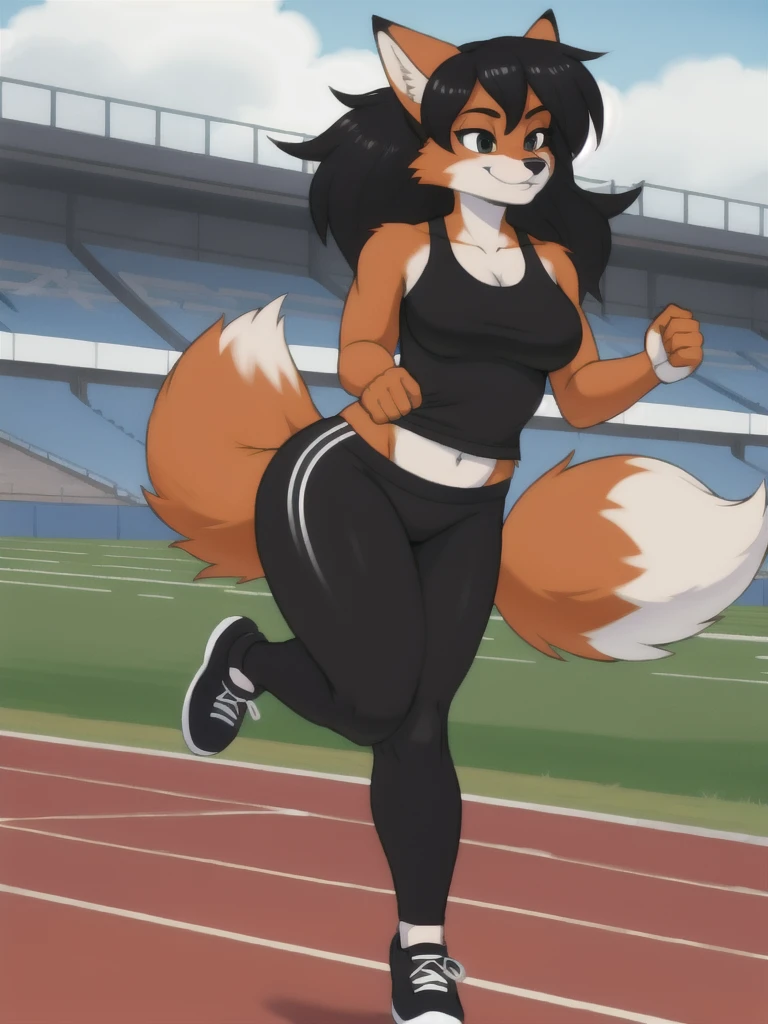 Furry, fox, female, black shirt, black leggings, shoes, running track, solo, full body