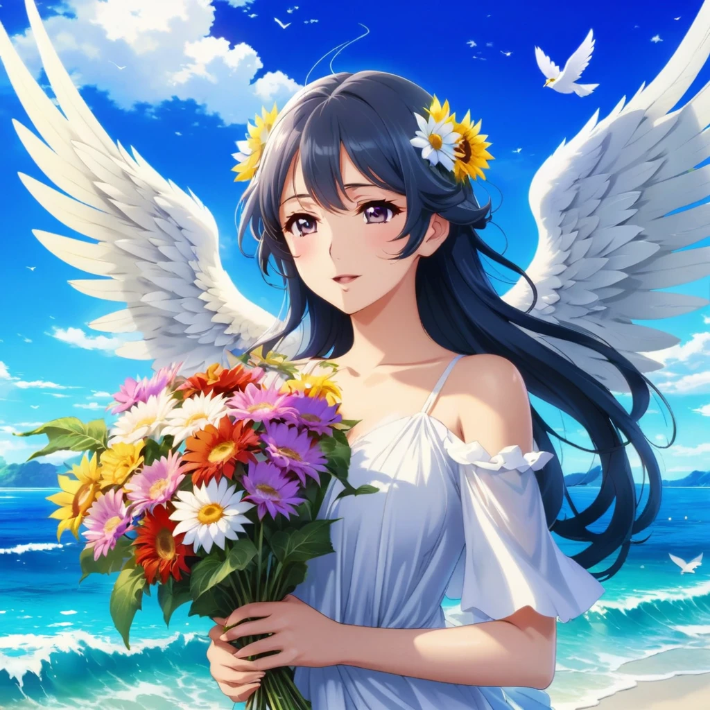 Busty anime woman with flowers and wings on the beach, of a beautiful angel girl, Official Artwork, Beautiful angel, Beautiful sunflower, Summer Goddess, Beautiful anime art, White Wings, with beautiful wings, Official Art, Beautiful peaceful scene in anime