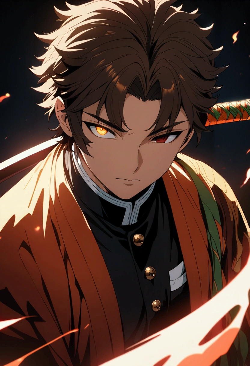 A detailed anime boy with short brown hair with orange highlights, left eye red and right eye orange, wearing a demon slayer uniform with a red haori, holding a katana similar to Rengoku Kyojuro's, cinematic lighting, highly detailed, masterpiece