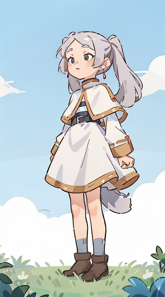 a girl, ((full body female)), Frilen, (long gray hair), pointed ears, jewelry, earrings, ((Double tail)), white shawl, white dress, belt, , (Lovely), ((最small, small)), piece, Play，Blue sky and white clouds, Grass