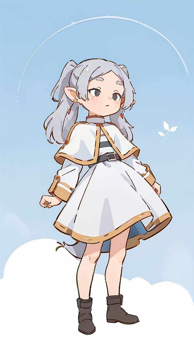 a girl, ((full body female)), Frilen, (long gray hair), pointed ears, jewelry, earrings, ((Double tail)), white shawl, white dress, belt, , (Lovely), ((最small, small)), piece, Play,Blue sky and white clouds, Grass
