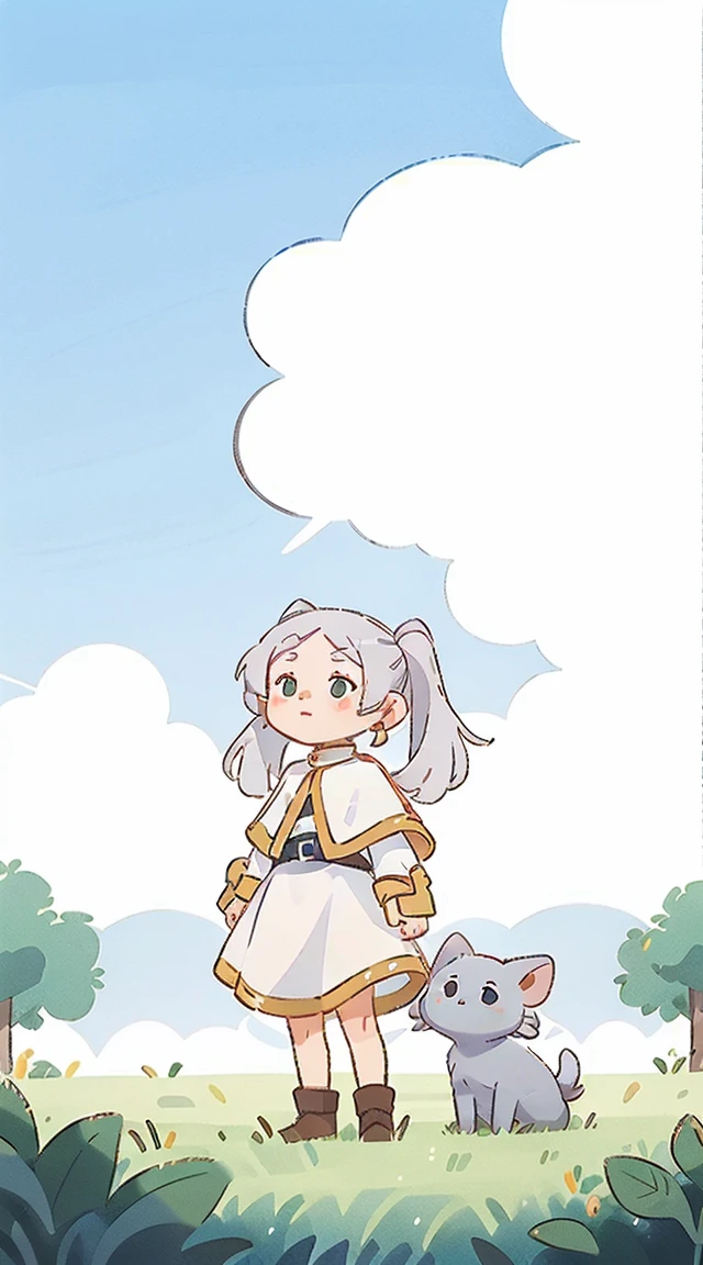 a girl, ((full body female)), Frilen, (long gray hair), pointed ears, jewelry, earrings, ((Double tail)), white shawl, white dress, belt, , (Lovely), ((最small, small)), piece, Play,Blue sky and white clouds, Grass