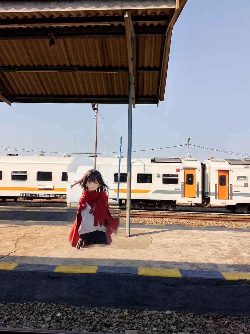 1girl, 16 age, red shawl, smile, wave hands