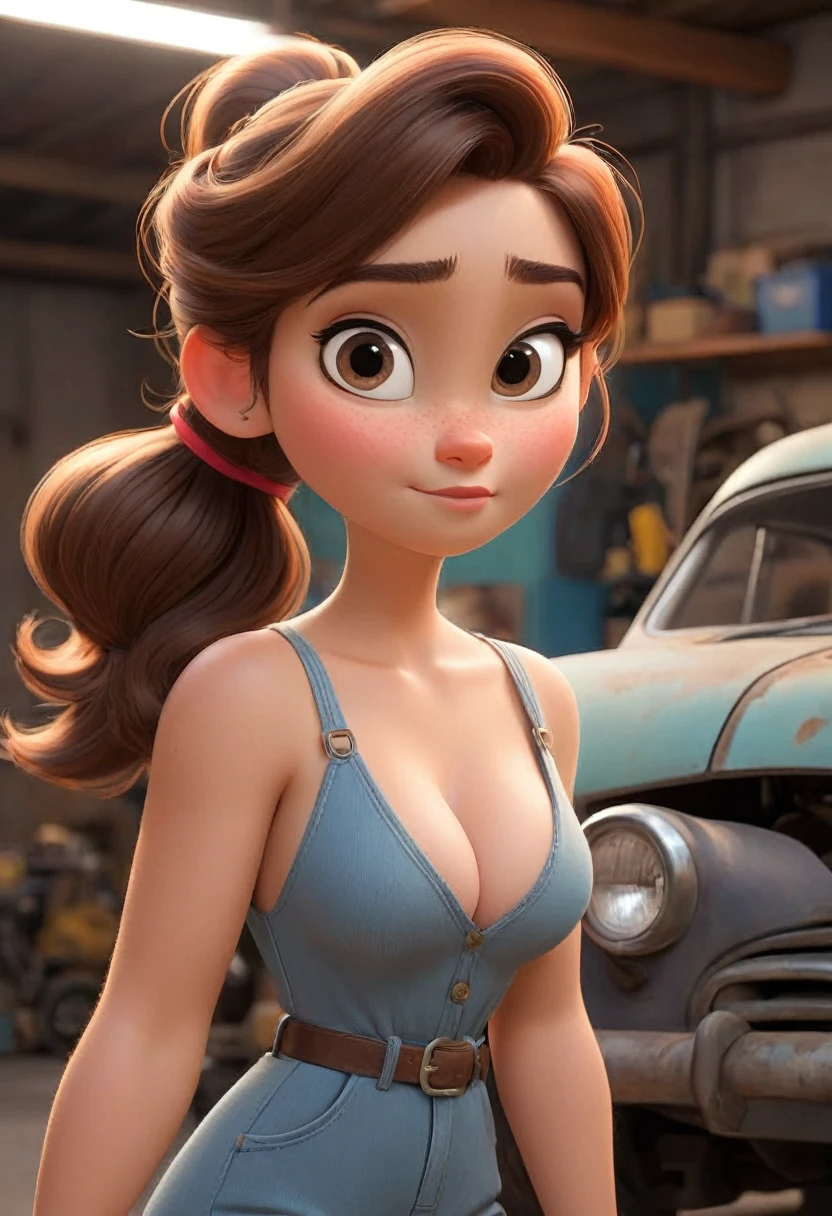 (disney pixar style:1.2) (cute adorable girl:1.) (adult age 20:1.15 brown hair, ponytail, jumpsuit, huge breasts, cleavage, sexy mechanic, in a garage, (perfect hands:1.1)  (extreme far shot, full body, zoomed out:1.1)
