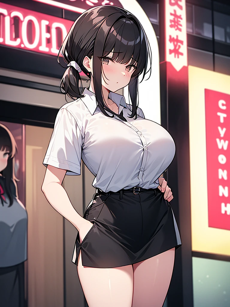 Big breasts Confused Confused Tall women:1.9 Cowboy shot Night hotel district In front of a love hotel Neon sign Standing White collared shirt, short sleeves Black skirt Short black hair Ponytail:2.4 Straight hair Hair tie Sweep bangs to the side:1.9. Slanted eyes, brown eyes, tall, strong-willed, beautiful