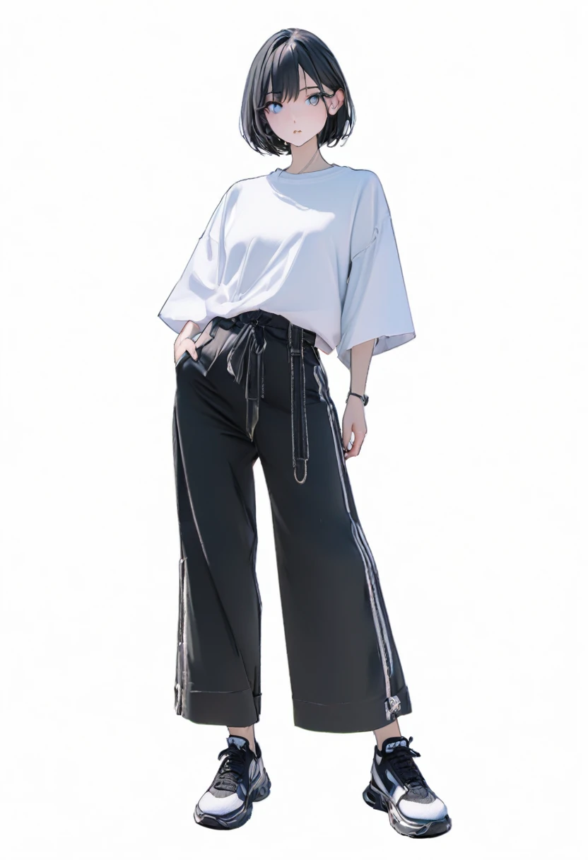 (Best, highest quality: 1.2, 8K), center, full body, 20s, 1 adult female, cool black, white and blue shirt, black wide pants, simple sneakers, simple background, white background, eyes wide, delicate eyes, beautiful eye,