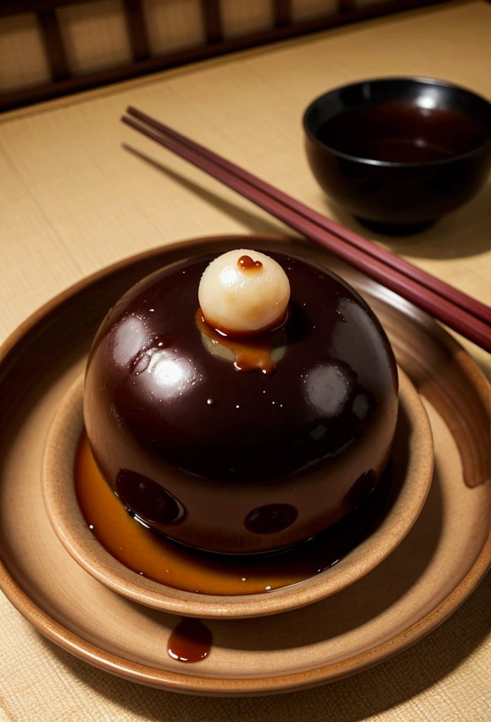 The beautifully round dango are covered in a rich, sweet soy sauce glaze. The background features a softly blurred interior of a traditional Japanese house, enhancing the traditional and serene atmosphere of the dish