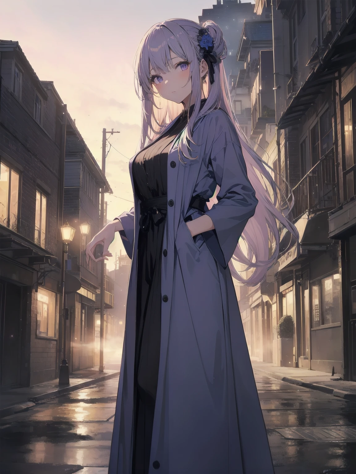 masterpiece, 8k, Highest quality, Very detailed, Purple & A beautiful girl in a blue magical robe with a moon motif、Close-up on the characters、(building, city、A dense fog of fluorescent particles、１８００Era、Western style、Fiction、grow、Overwhelming、Detailed street）、Beautiful girl posing with a beautiful background