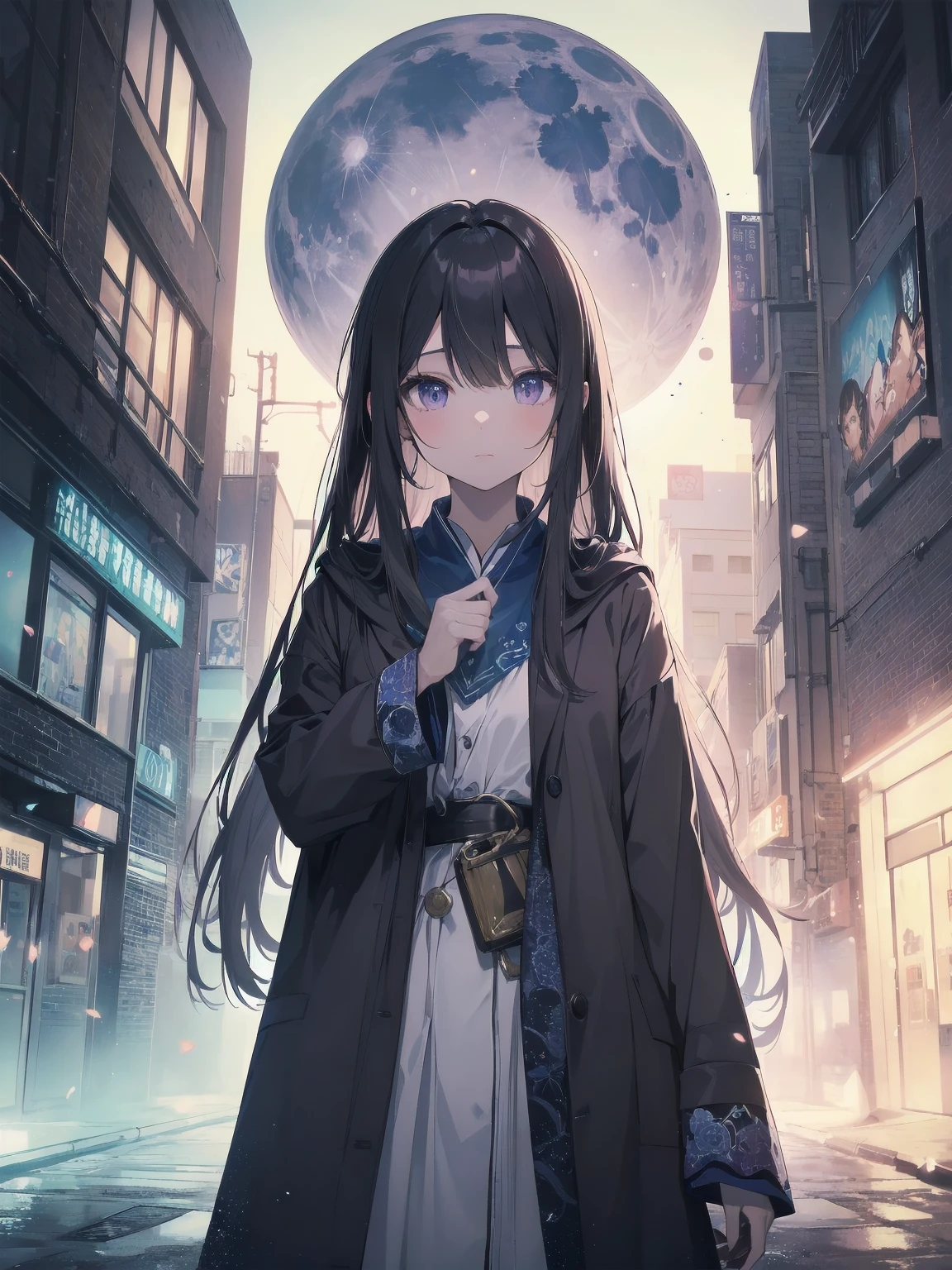 masterpiece, 8k, Highest quality, Very detailed, Purple & A beautiful girl in a blue magical robe with a moon motif、Close-up on the characters、(building, city、A dense fog of fluorescent particles、1800Era、Western style、Fiction、grow、Overwhelming、Detailed street)、Beautiful girl posing with a beautiful background