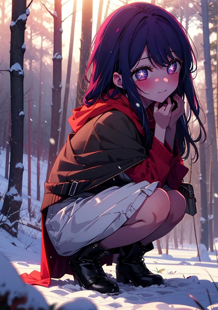 aihoshino, Ai Hoshino, Long Hair, bangs, (Purple eyes:1.1), Purple Hair, (Symbol-shaped pupil:1.5), smile,,smile,blush,white breath,
Open your mouth,snow,Ground bonfire, Outdoor, boots, snowing, From the side, wood, suitcase, Cape, Blurred, , forest, White handbag, nature,  Squat, Mouth closed, Cape, winter, Written boundary depth, Black shoes, red Cape break looking at viewer, Upper Body, whole body, break Outdoor, forest, nature, break (masterpiece:1.2), Highest quality, High resolution, unity 8k wallpaper, (shape:0.8), (Beautiful and beautiful eyes:1.6), Highly detailed face, Perfect lighting, Extremely detailed CG, (Perfect hands, Perfect Anatomy),