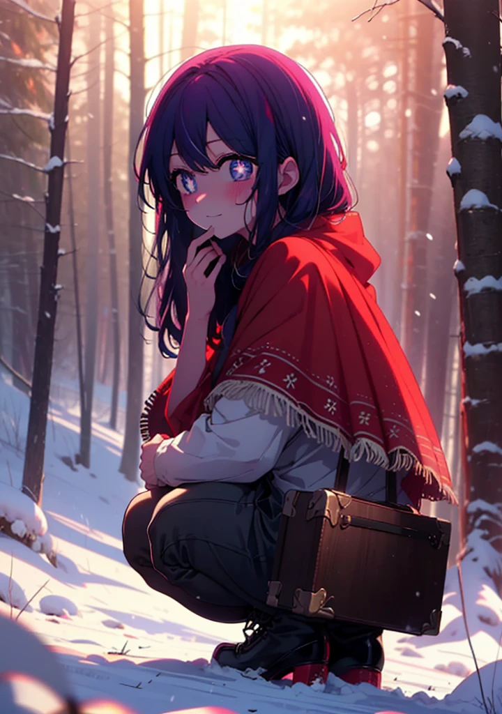 aihoshino, Ai Hoshino, Long Hair, bangs, (Purple eyes:1.1), Purple Hair, (Symbol-shaped pupil:1.5), smile,,smile,blush,white breath,
Open your mouth,snow,Ground bonfire, Outdoor, boots, snowing, From the side, wood, suitcase, Cape, Blurred, , forest, White handbag, nature, Squat, Mouth closed, Cape, winter, Written boundary depth, Black shoes, red Cape break looking at viewer, Upper Body, whole body, break Outdoor, forest, nature, break (masterpiece:1.2), Highest quality, High resolution, unity 8k wallpaper, (shape:0.8), (Beautiful and beautiful eyes:1.6), Highly detailed face, Perfect lighting, Extremely detailed CG, (Perfect hands, Perfect Anatomy),