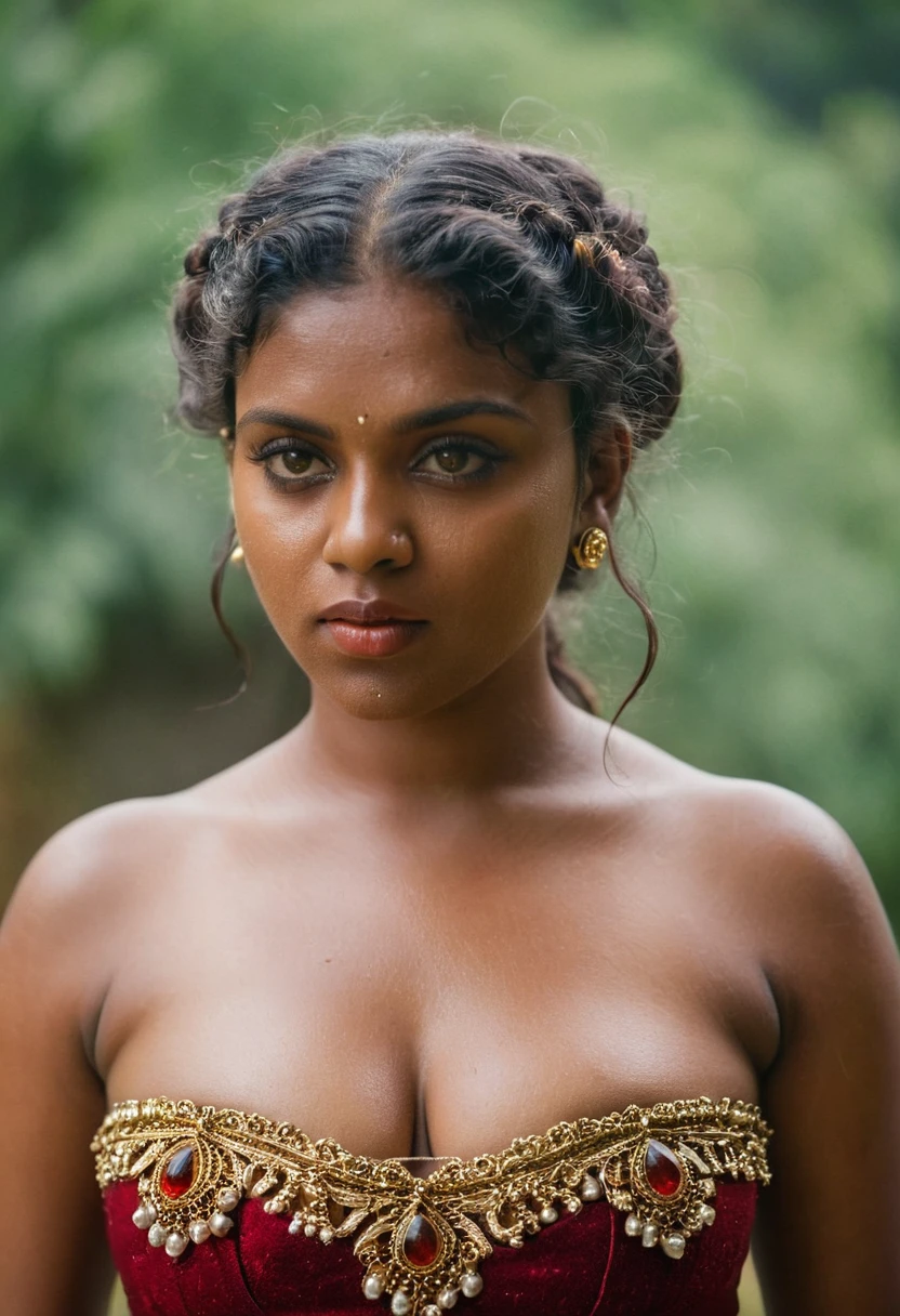 (((photo of a ancient kerala nude alien ))), (((black kali))) , (((Half Body))), (((very dark skin))), (((45 years old))), (((((very dark nipple and areola))))) (((plus size chubby tall))), (((huge busty milky wet big massive boobs))), (((nude thick thigh))), (((ancient black mini skirt))), ((black skin dark body)), (((red ornaments))), (((depth of field))), ((( flame bokeh))), (((rain))), ((( flashing light leaks))), (((divine))), photorealistic,photo, realism, Getty Images, RAW candid cinema, 16mm, colour graded portra 400 film, remarkable colour, ultra realistic, textured skin, remarkable detailed pupils, realistic dull skin noise, visible skin detail, skin fuzz, dry skin, shot with cinematic,light leaks, RAW Image, DOF, depth of field,bokeh