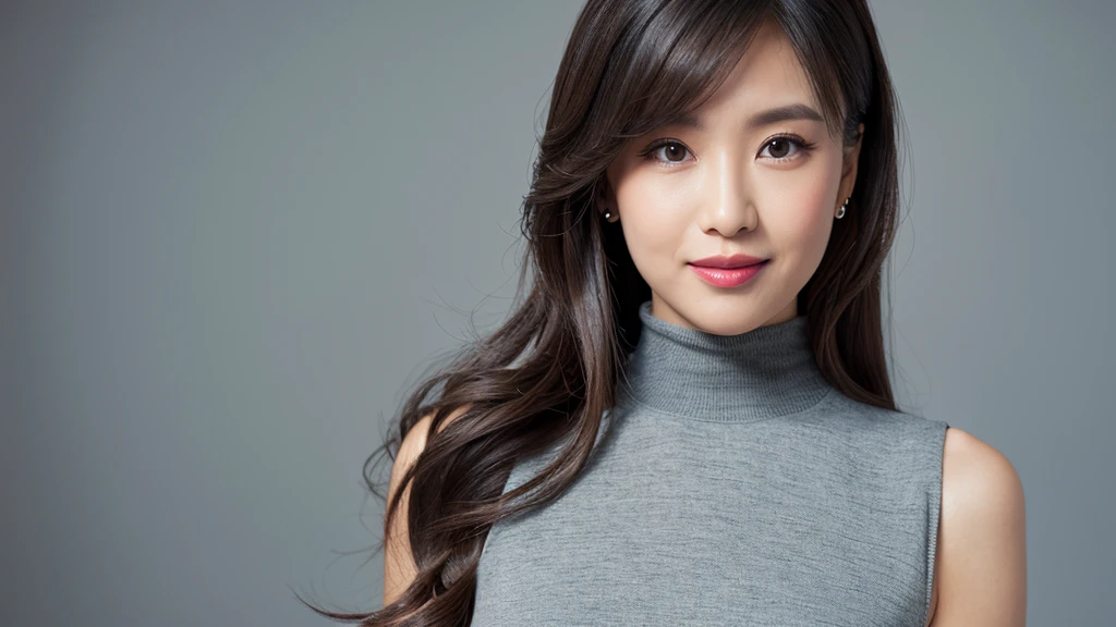 ((Detailed face)),vivid,cute,A silky grey dress with a turtleneck and sleeveless top,4K,Ultra-high resolution,(Photorealistic:1.7),Gray background,Long black hair,