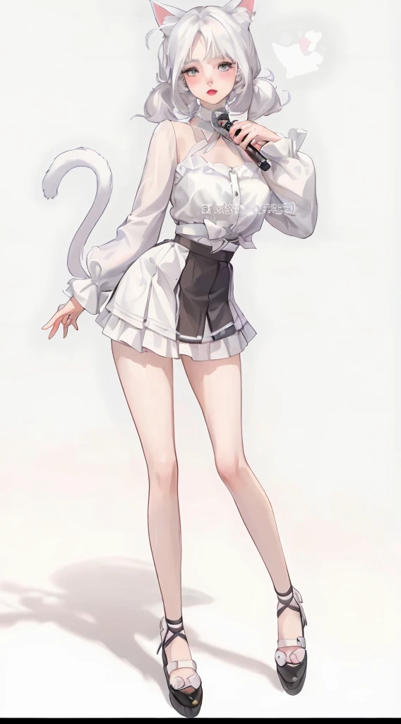 A cute girl with twin ponytails and cat ears,Microphone in hand,White hair,Wear a puffy skirt,With leg loops