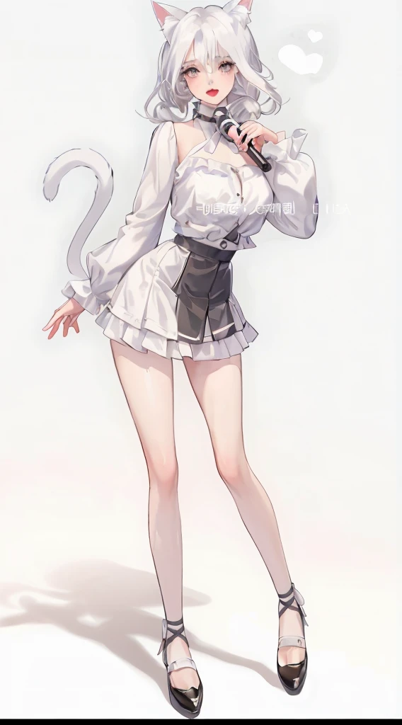 A cute girl with twin ponytails and cat ears,Microphone in hand,White hair,Wear a puffy skirt,With leg loops