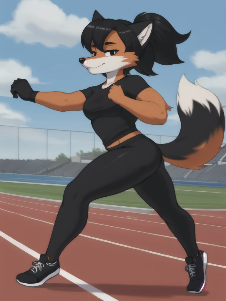 Furry, fox, female, black shirt, black leggings, shoes, running track, solo, full body