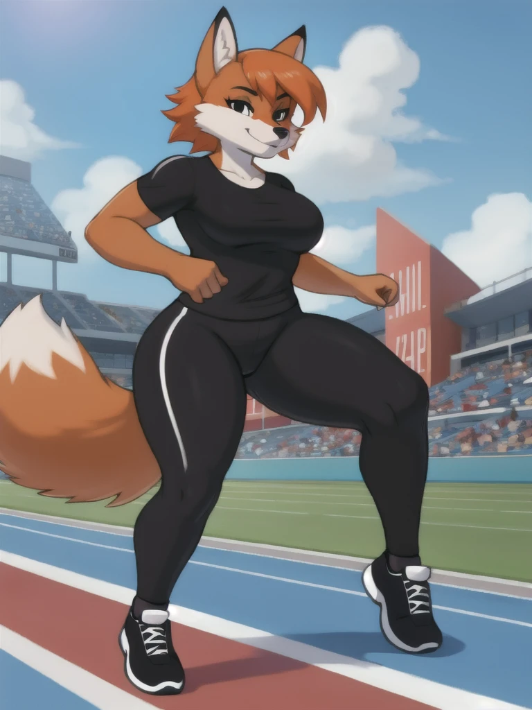 Furry, fox, female, black shirt, black leggings, shoes, running track, solo, full body