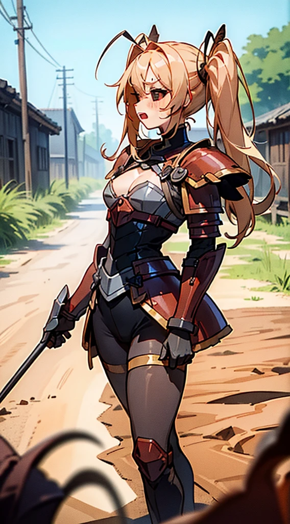 (Original Character,8k, Masterpiece, Best Quality,Detailed, Beautiful Detailed Eyes, solo),mature female,small, fine skin,cleavage,blush,black eyes,black sclera,yellow hair,long hair,twintail hair,black pantyhose,(((hair 2antennas large))),((red armor)),((walking in a dirt road,in a village)),from side,open mouth,