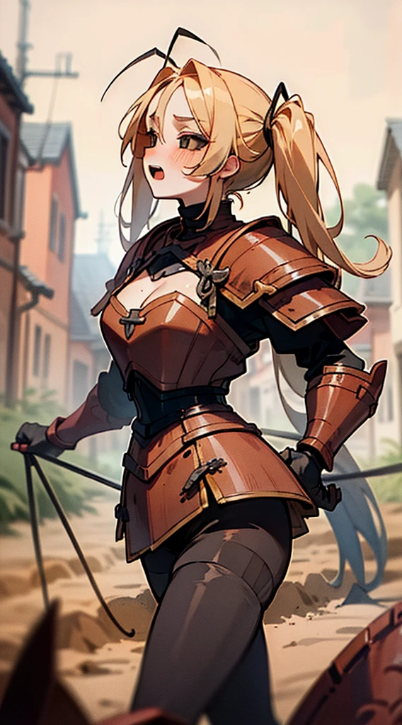 (Original Character,8k, Masterpiece, Best Quality,Detailed, Beautiful Detailed Eyes, solo),mature female,small, fine skin,cleavage,blush,black eyes,black sclera,yellow hair,long hair,twintail hair,black pantyhose,(((hair 2antennas large))),((red armor)),((walking in a dirt road,in a village)),from side,open mouth,