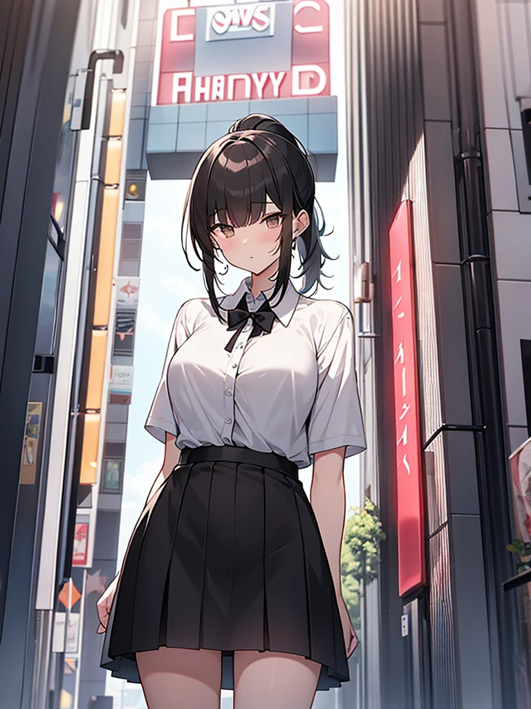Bottom view composition, large breasts, confused, confused, tall woman:1.9 Cowboy shot Night hotel district In front of a love hotel Neon sign Standing White collared shirt, short sleeves Black skirt Short black hair Ponytail:2.4 Straight hair Hair tie Sweep bangs to the side:1.9. Slanted eyes, brown eyes, tall, strong-willed, beautiful