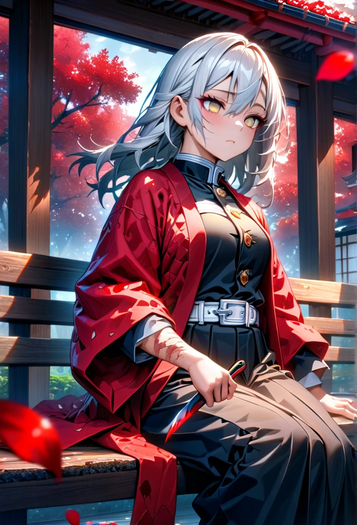 Ultra detailed, high resolution, absurd, HDR, masterpiece, anime girl, beautiful woman, long white hair with red streaks, expressive yellow eyes, red haori, black demon slayer uniform, wearing black pants,Kimetsu No Yaiba, fantasy , petals, red flowers, beautiful, woman sitting alone on a wooden bench, alone, afternoon, sun, forest next to a Japanese house, best quality, extremely detailed face and eyes, expressionless, apathetic, dark circles under the eyes, cutting the upper part of the forearm with a knife, painlessly, blood only on the forearm, deep cut on the forearm, clothing sleeves extended showing scars on tbe forearm
