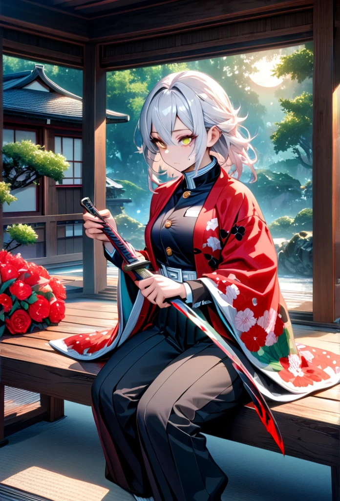 Ultra detailed, high resolution, absurd, HDR, masterpiece, anime girl, beautiful woman, long white hair with red streaks, expressive yellow eyes, red haori, black demon slayer uniform, wearing black pants,Kimetsu No Yaiba, fantasy , petals, red flowers, beautiful, woman sitting alone on a wooden bench, alone, afternoon, sun, forest next to a Japanese house, best quality, extremely detailed face and eyes, expressionless, apathetic, dark circles under the eyes, cutting the upper part of the forearm with a knife, painlessly, blood only on the forearm, deep cut on the forearm, clothing sleeves extended showing scars on tbe forearm