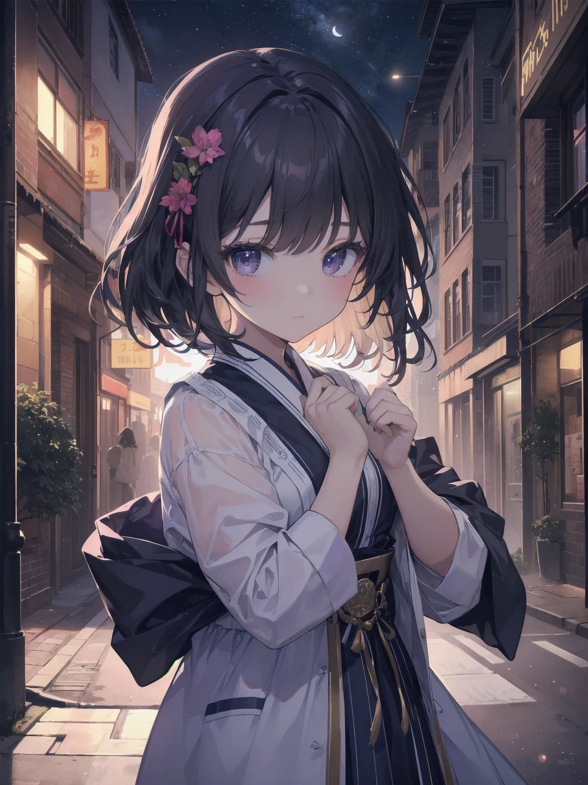 masterpiece, 8k, Highest quality, Very detailed, Purple & A beautiful girl in a blue magical robe with a moon motif、Close-up on the characters、(building, city、A dense fog of fluorescent particles、１８００Era、Western style、Fiction、grow、Overwhelming、Detailed street）、Beautiful girl posing with a beautiful background