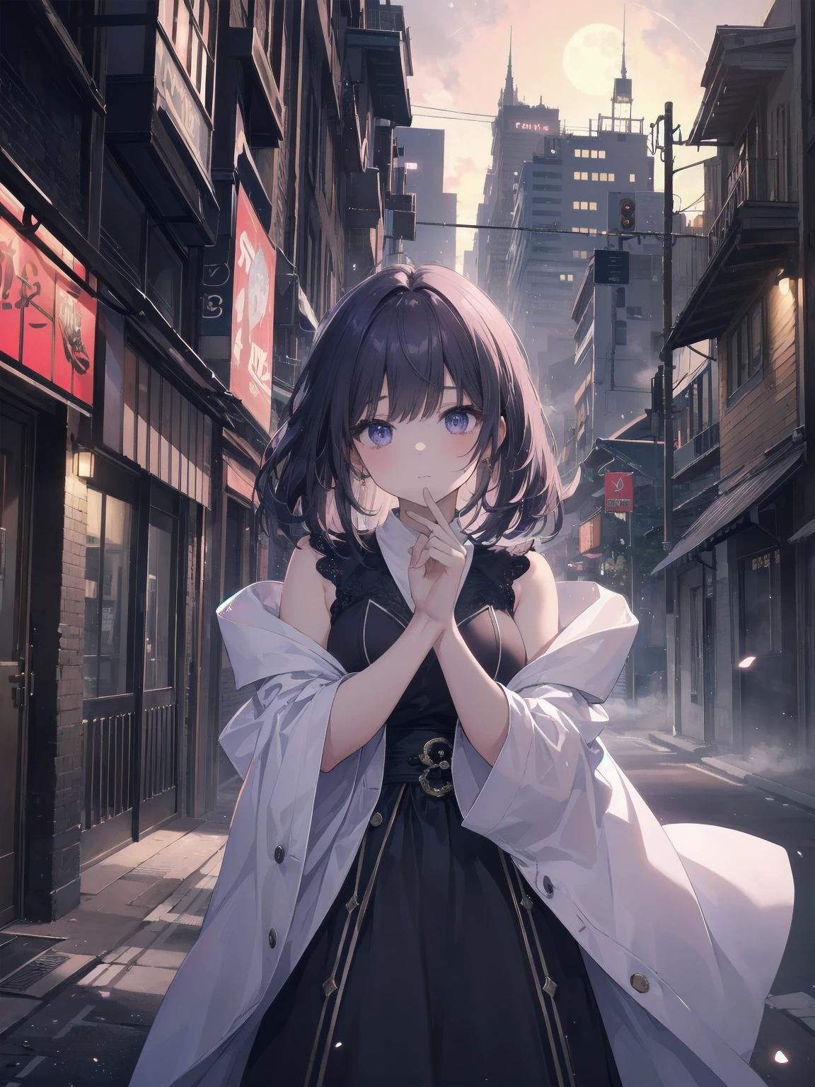 masterpiece, 8k, Highest quality, Very detailed, Purple & A beautiful girl in a blue magical robe with a moon motif、Close-up on the characters、(building, city、A dense fog of fluorescent particles、1800Era、Western style、Fiction、grow、Overwhelming、Detailed street)、Beautiful girl posing with a beautiful background