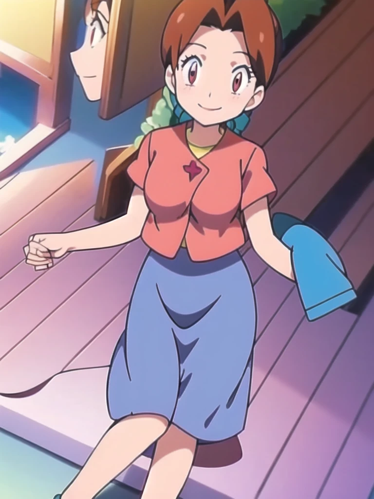 Delia_Ketchum, milf,skirt, shirt, blue skirt, long skirt, pink shirt, slippers,smile