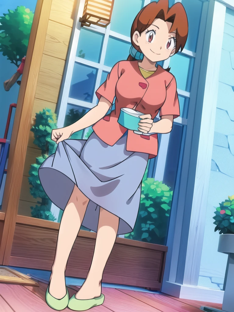 Delia_Ketchum, milf,skirt, shirt, blue skirt, long skirt, pink shirt, slippers,smile