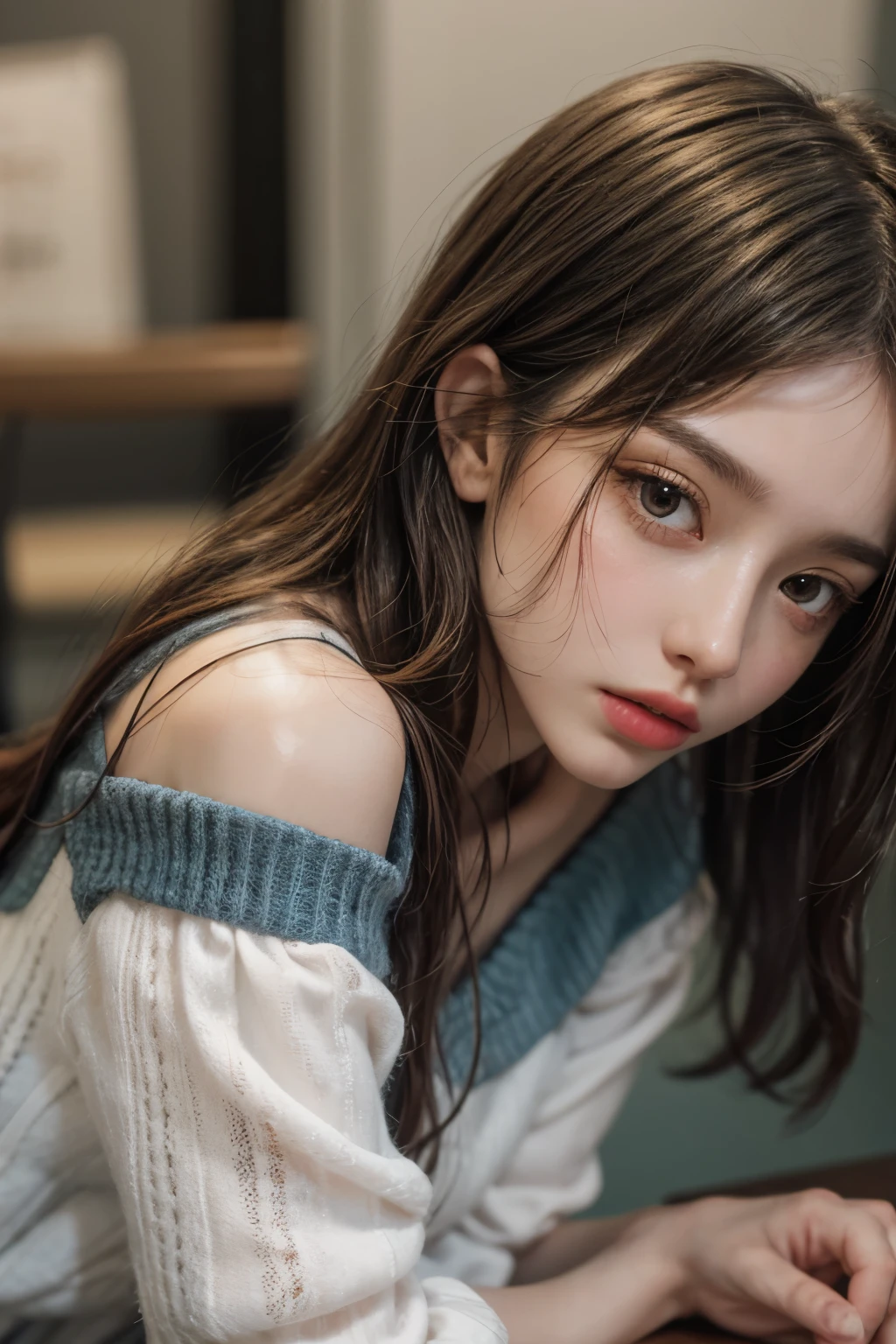 In detail, High resolution, In 8K、Brown Hair,Photorealism, Tabletop, Wavy Hair, Open your mouth, Very detailed, Off the shoulder,1 girl
