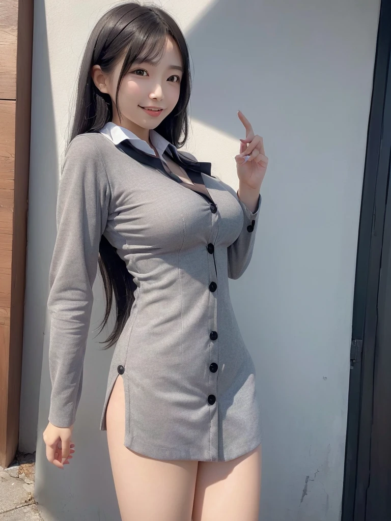 Highest quality、masterpiece、8k、Very detailed、Realistic、(One girl)、(Looking at me with a smile:1.5)、whole body、(Black Hair)、Small face、(Slender:1.2)、(Big Breasts:1.2)、(White business shirt with buttons and a collar:1.2)、(short tight skirt in gray,:1.2)、(Grey business jacket:1.2)、(Open your mouth wide and stick out your tongue:1.4)、(Make a ring with your hand around your mouth:1.4)