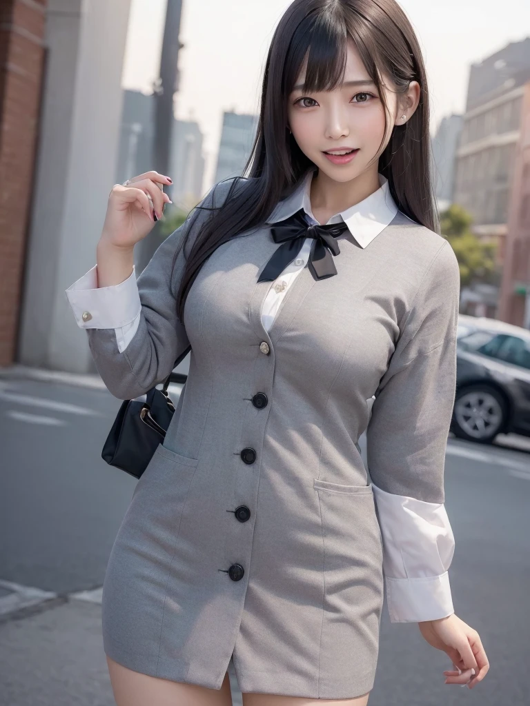 Highest quality、masterpiece、8k、Very detailed、Realistic、(One girl)、(Looking at me with a smile:1.5)、whole body、(Black Hair)、Small face、(Slender:1.2)、(Big Breasts:1.2)、(White business shirt with buttons and a collar:1.2)、(short tight skirt in gray,:1.2)、(Grey business jacket:1.2)、(Open your mouth wide and stick out your tongue:1.4)、(Make a ring with your hand around your mouth:1.4)