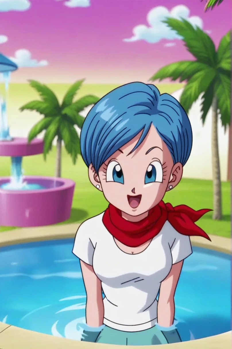 fountain_cheered up, score_9, score_8_above, score_7_above, cheered up screencap,8k, absurd resolution, 
BULMA, 1 girl, Alone, old, SMILE, short hair, bowl cut,  Open mouth, Blue eyes, neckline, jewelry, medium old, blue fur, White shirt, aboveper body, :d, earrings, outdoor, sky, day, cloud, blurred, tree, blue sky, red scarf, palm tree, Official style, cheered up coloring, portrait, medium breasts, tits, medium ass, sexy
 