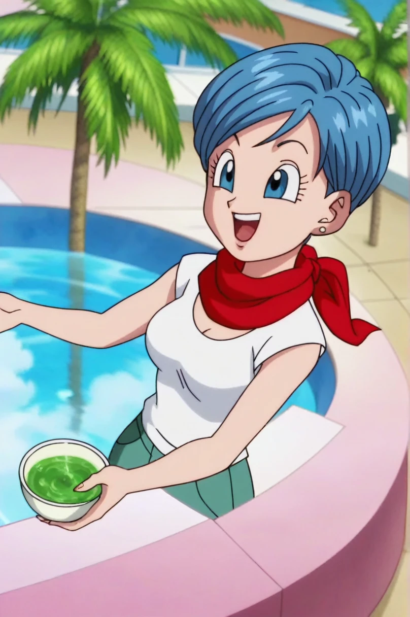 fountain_cheered up, score_9, score_8_above, score_7_above, cheered up screencap,8k, absurd resolution, 
BULMA, 1 girl, Alone, old, SMILE, short hair, bowl cut,  Open mouth, Blue eyes, neckline, jewelry, medium old, blue fur, White shirt, aboveper body, :d, earrings, outdoor, sky, day, cloud, blurred, tree, blue sky, red scarf, palm tree, Official style, cheered up coloring, portrait, medium breasts, tits, medium ass, sexy
 