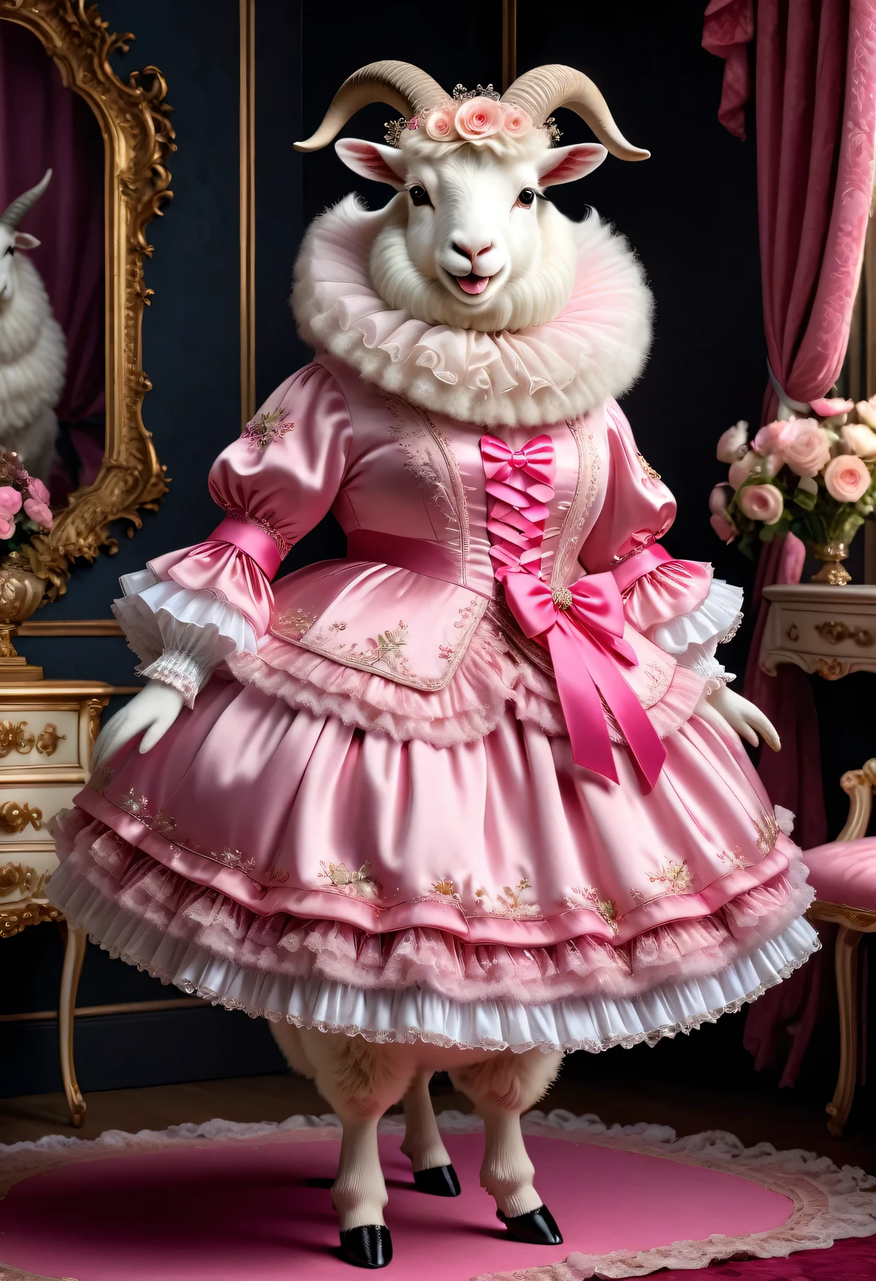  photorealistic portrait of Dressed animals-a ((fat)) ((angora goat)) princess,(furry), (elegant pose:1.5), (hands on hips:1.5),(smile:1.5),high quality,(),(lovely) ,intricate details, Wearing Gothic &  pink dress , ( brim on head), highly detailed ((dress with  frills and ribbon)) ,highly detailed accessories, high sox , (happy), soft lighting,(full body image:2.0),in  Rococo style room background,,score_9, score_8_up, score_7_up, score_6_up, score_5_up, score_4_up,