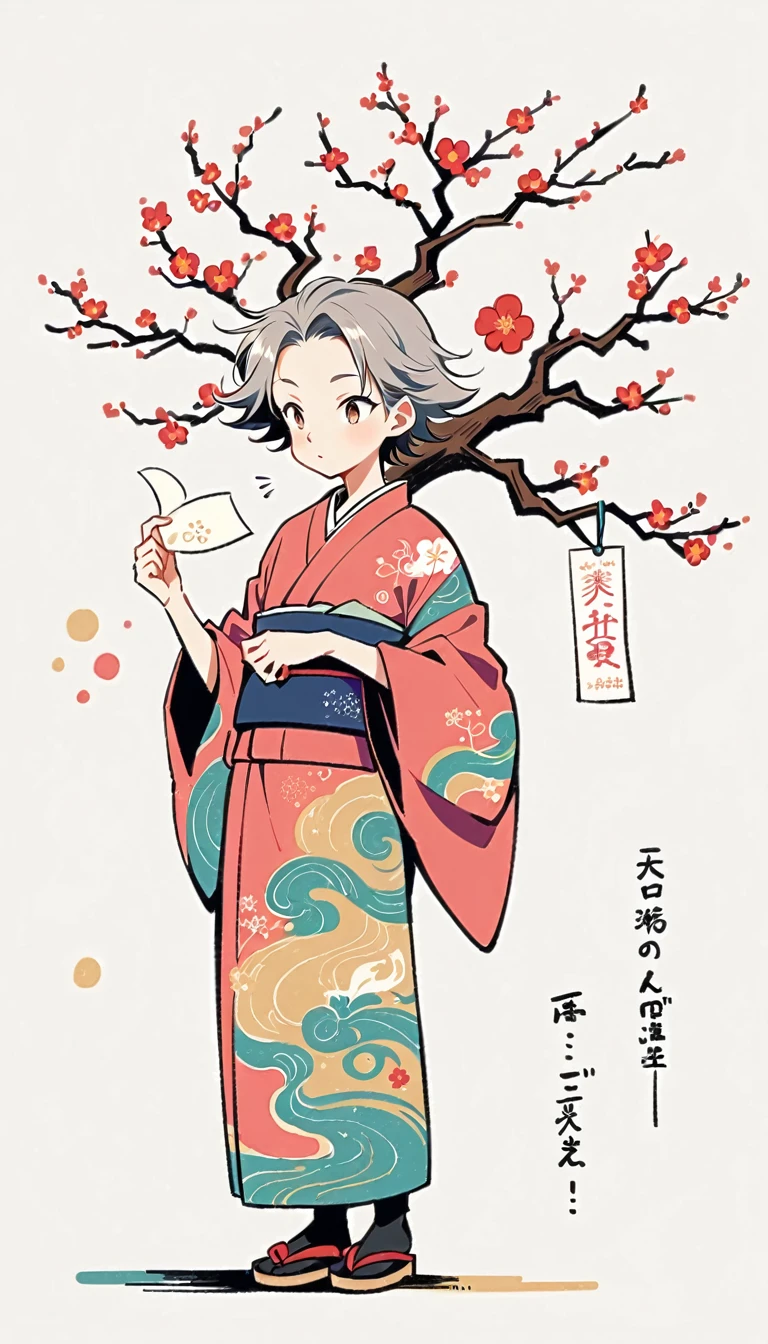 white background, Fujichoco style, kimono, (((the coolest boy))), gray hair, ((plum tree, Plum blossoms, wish paper)), simple background, Simple line initialism, full body,