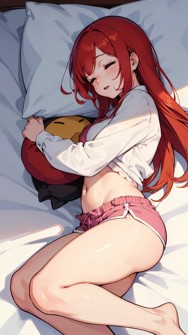 pillow_hug, (sleeping:1.3), hall, (dripping saliva:0.9), (pillow hug:1.2),lying in bed hugging a pillow, wearing pink shorts, lac3cut0ut, transparent, don, lace don, short don, long sleeves, chest open to the side, bad posture, he used to smile, (open mouth smile:0.8), From above, (Artwork, maximum quality, best quality, beautiful and sensual:1.2), full body shot photograph,(1 voluptuous redhead woman, Fr3ckles, freckles, long hair, russet hair, strong , strong thighs, firm breaist slender, skin fair:1.3).