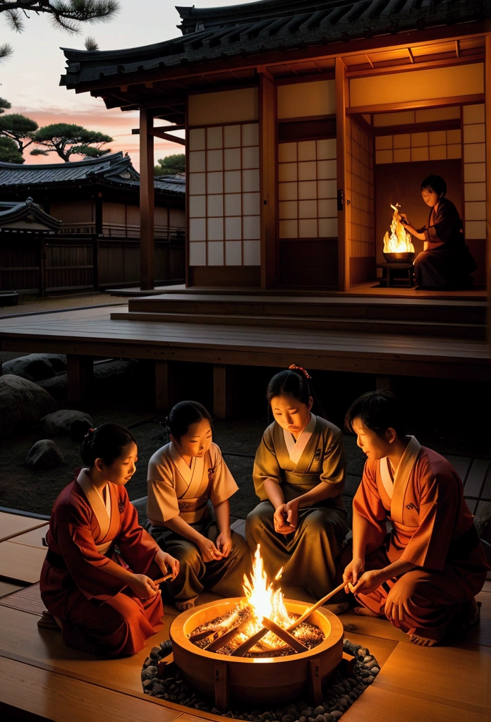 A family lighting a welcoming fire (Mukaebi) in the front yard of a traditional Japanese house at dusk. A small bonfire burns, casting a warm glow around. The family gathers, preparing to welcome the spirits of their ancestors.