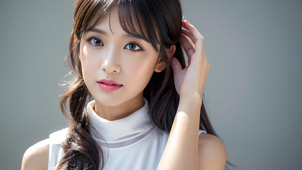 ((Detailed face)),vivid,cute,A silky white dress with a turtleneck and sleeveless top,4K,Ultra-high resolution,（Photorealistic：1.7）,Gray background,Long black hair,