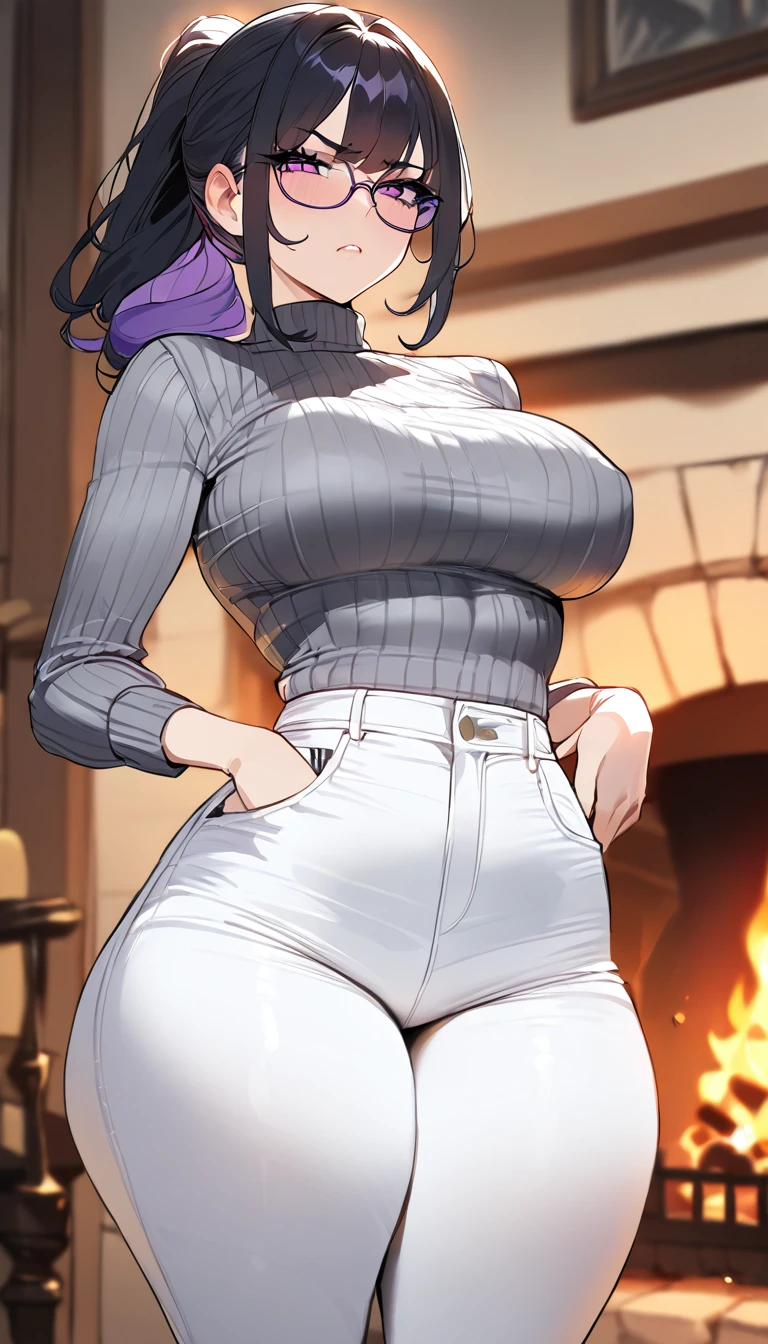 (best quality,masterpiece) ,1 girl, modest breasts, wide hips,thick thighs, ponytail, yet black hair narrow waist,white jeans,gray turtle neck, big glases, stern expression,slim body, purple eyes, fireplace background,nerdy