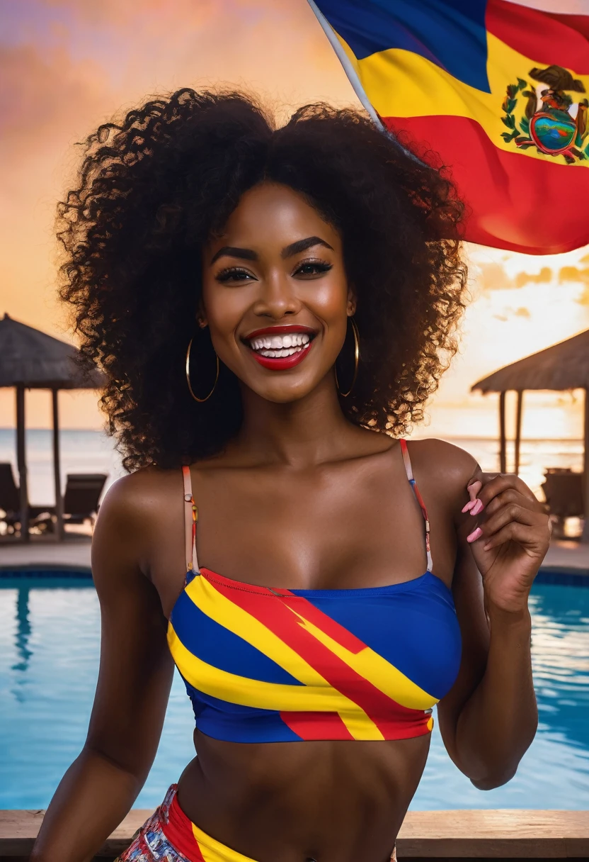 The photograph features an Afro woman with dark hair and curls that blow in the wind., forming a kind of flame against the twilight sky. Her unbridled beauty is enhanced by a sexy red mini crop top with big breasts, while at a pool bar in Miami. She proudly holds a mini flag of Colombia, whose yellow stripes, blue and red With a big smile on your face,