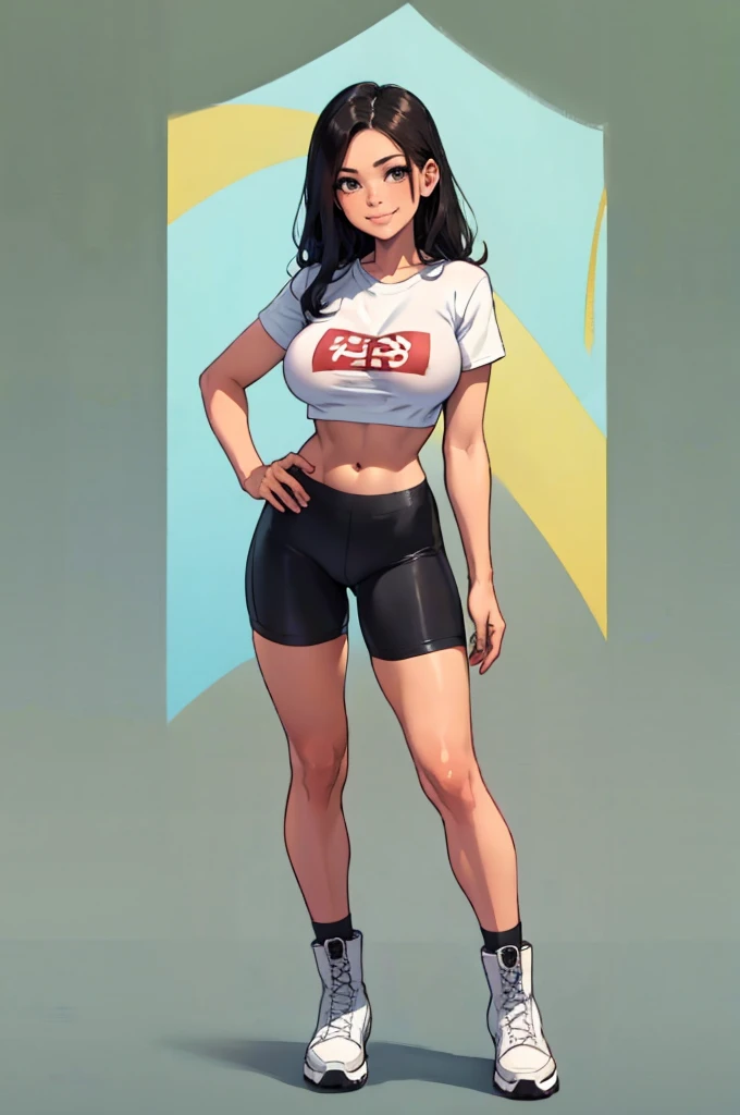 green solid background, 1 woman, best quality, ultra high res, long hair, black hair, Asian brown eyes, bike shorts, military black boots, toned tummy, blank white t-shirt, short sleeves, smiling at viewers, double D breast, standing, full body