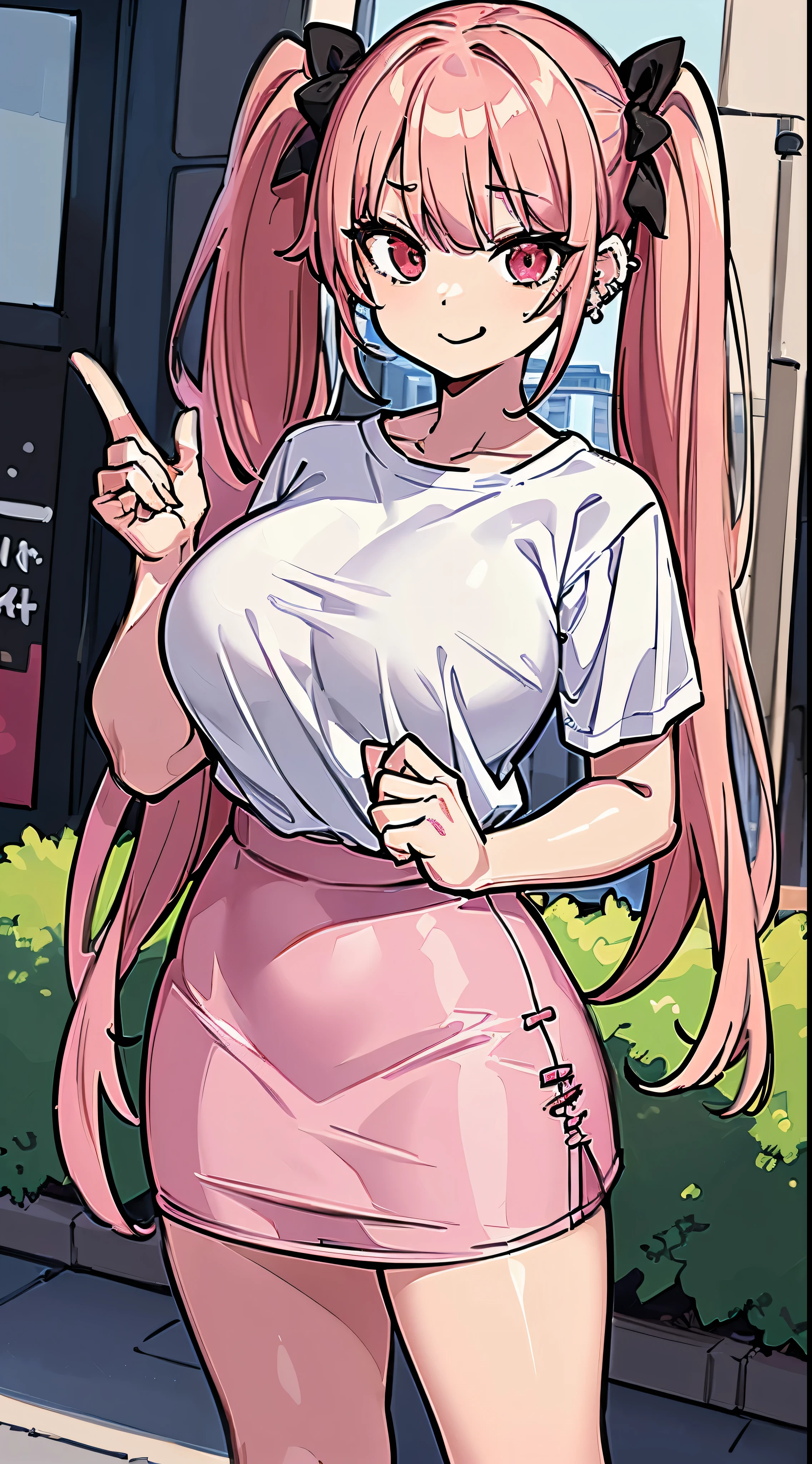 (8K、Top image quality、top-quality、masterpiece)、1 girl((Lori))、((Pink hair twin tails))、Wavy Hair,、red eyes、evilsmile、piercings、((very Bigger breasts))、White T-shirt、black mini pencil skirt、is standing、City background、nsfw