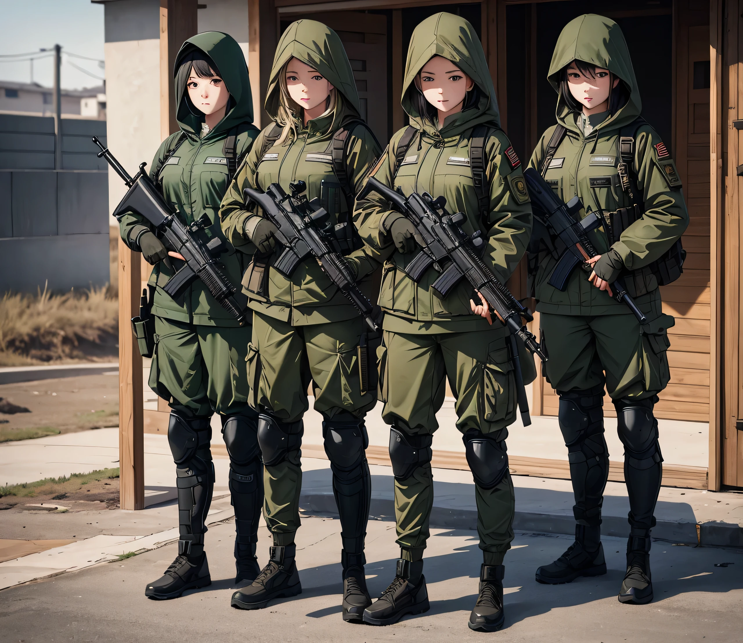 A group of female soldiers with guns standing guard,All wear dark green M-51 hooded military uniforms、Hooded on head、Magazine Pouch、Military Pants、Knee pads,Write details、masterpiece、best quality、Highly detailed CG、8K picture quality
