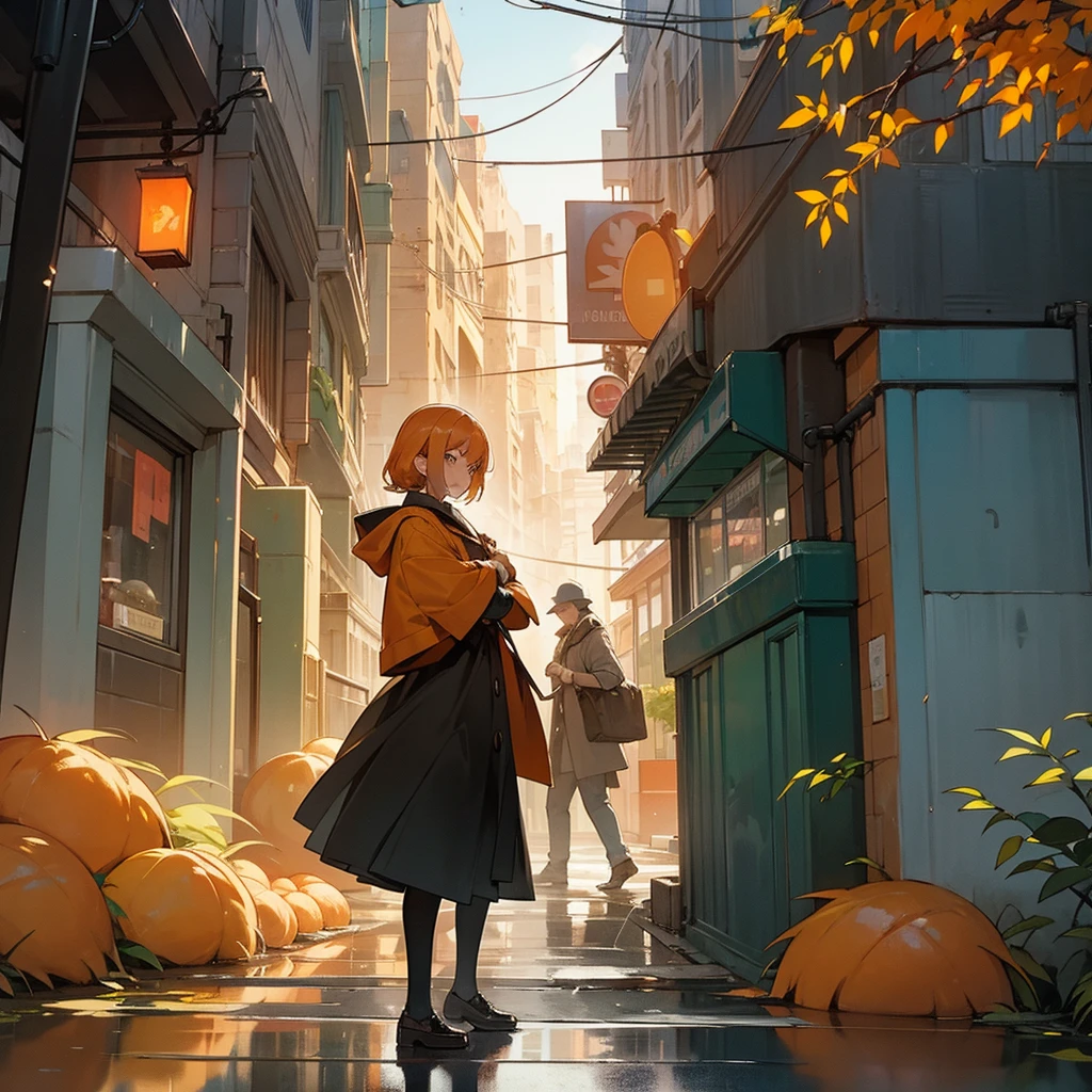 In front of a bakery and a street, on the street a sewer cover coming out of smoke, a beautiful city with a rainy and cold climate with orange trees and the city has an orange aesthetic.