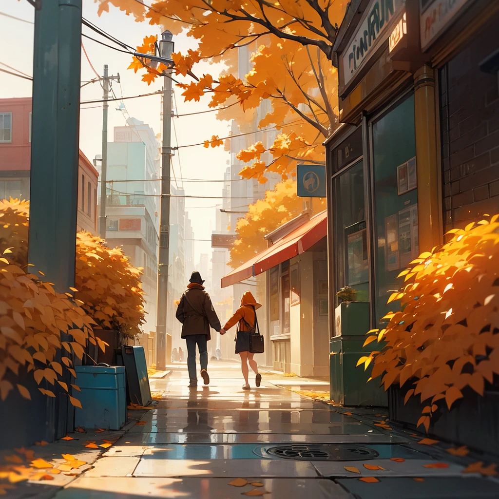 In front of a bakery and a street, on the street a sewer cover coming out of smoke, a beautiful city with a rainy and cold climate with orange trees and the city has an orange aesthetic.