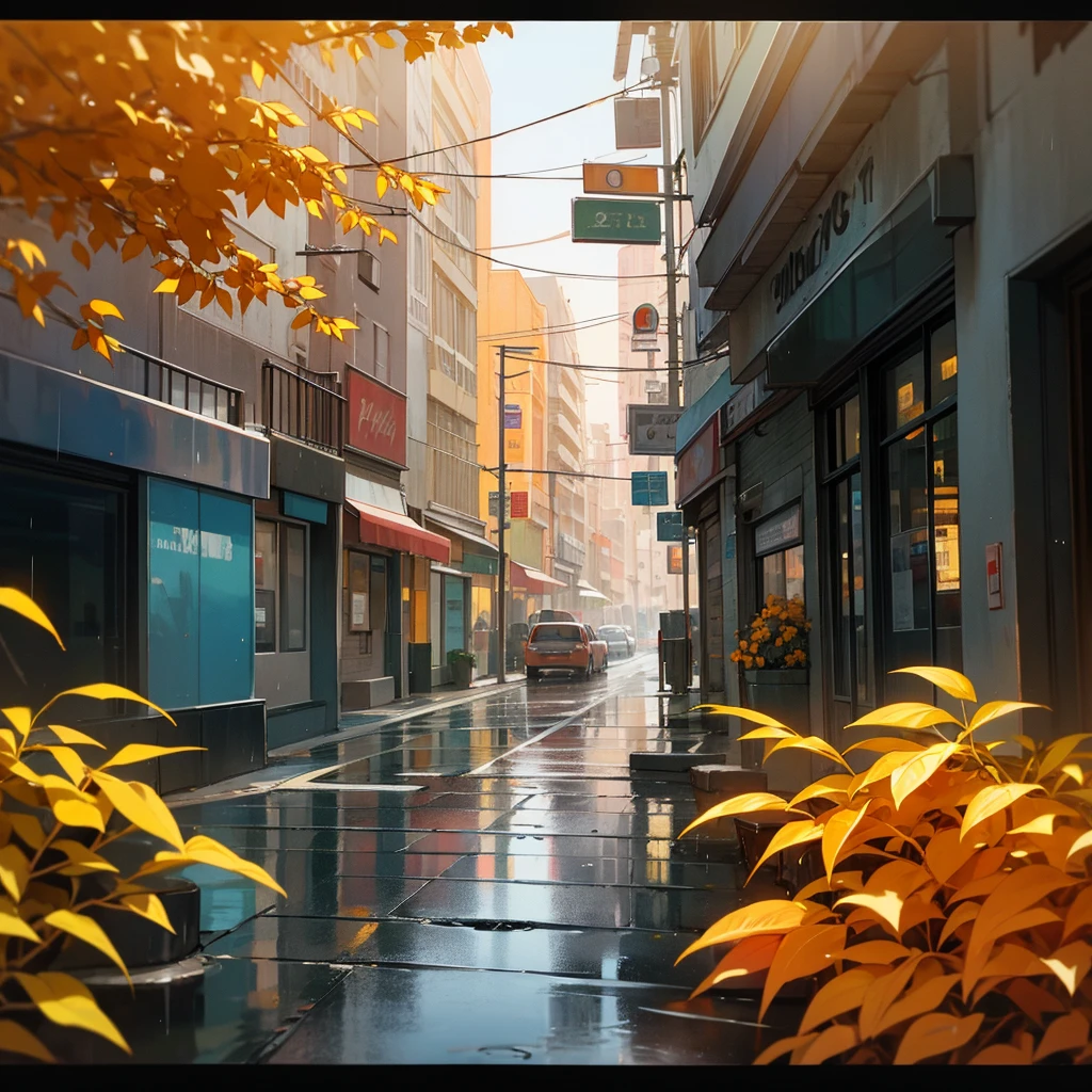 In front of a bakery and a street, on the street a sewer cover coming out of smoke, a beautiful city with a rainy and cold climate with orange trees and the city has an orange aesthetic.